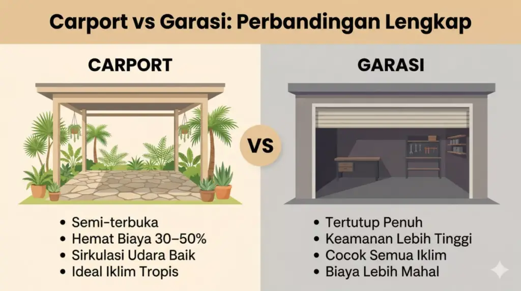 Infografis perbandingan carport semi-terbuka vs garasi tertutup: biaya, keamanan, sirkulasi udara, dan kesesuaian iklim tropis