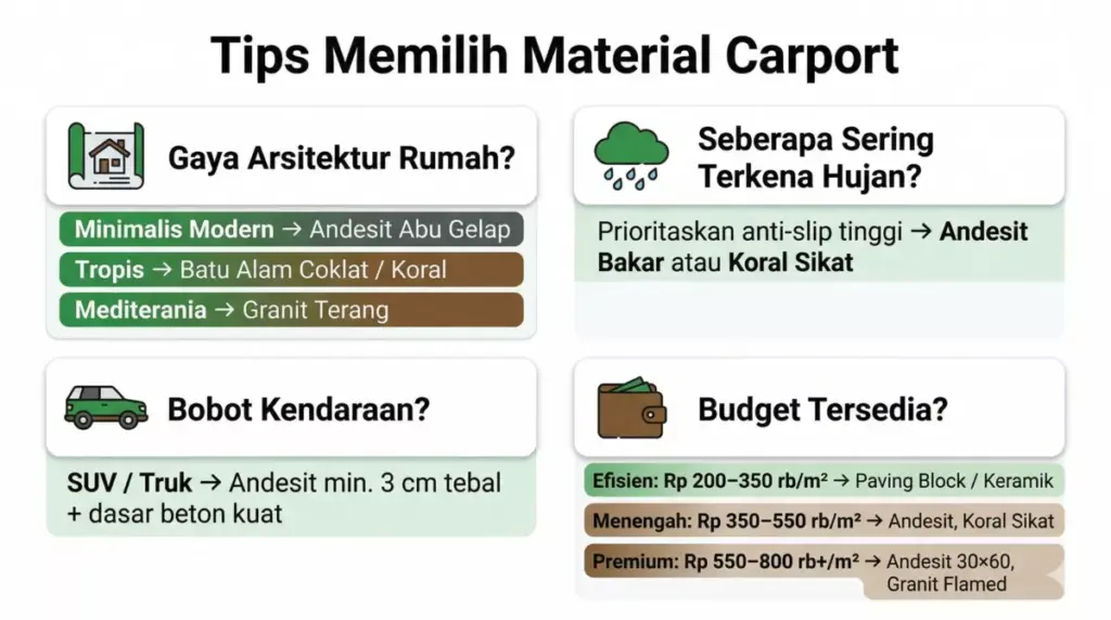 Panduan memilih material carport berdasarkan gaya rumah, intensitas hujan, bobot kendaraan, dan budget tersedia