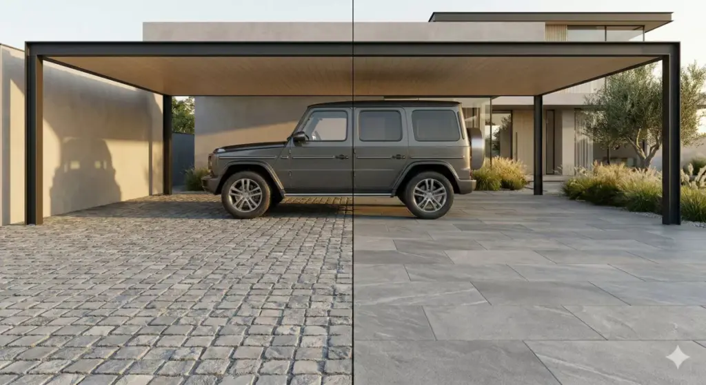 Perbandingan ukuran batu andesit 10x10 cobblestone vs 30x60 carport luas rapi