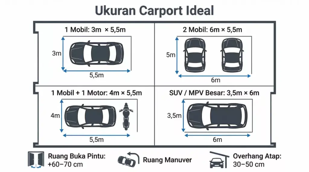Infografis ukuran carport ideal: 1 mobil 3×5,5m, 2 mobil 6×5,5m, SUV 3,5×6m dengan panduan ruang buka pintu