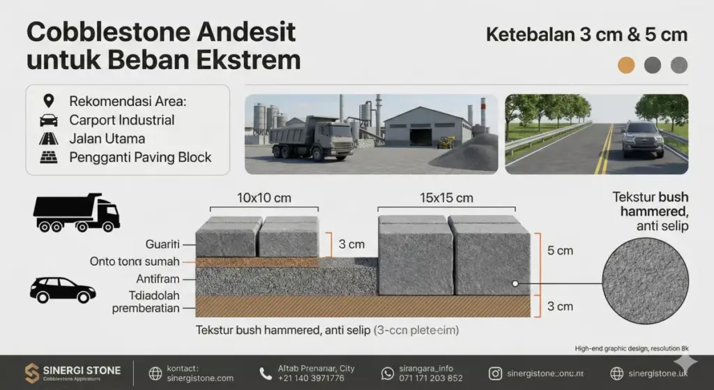 Infografis cobblestone batu alam andesit untuk beban berat