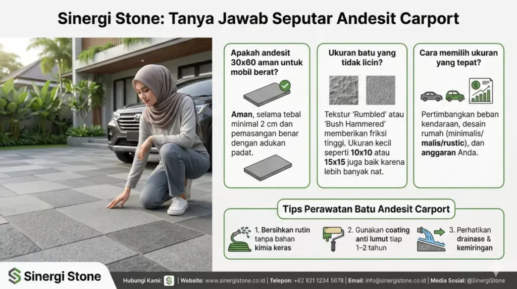 Infografis FAQ dan tips perawatan dan ukuran batu andesit carport
