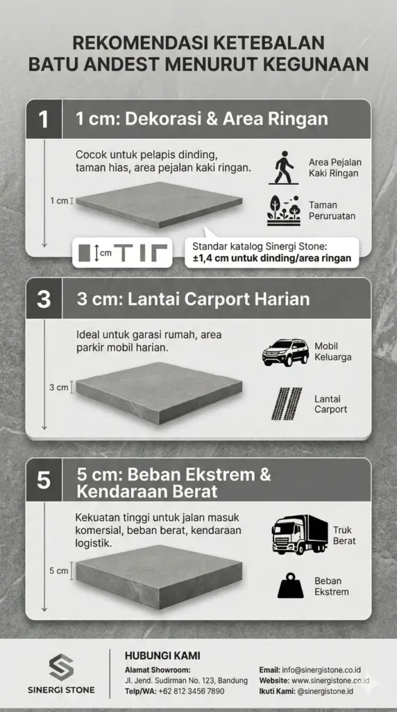 Infografis ketebalan ideal batu alam andesit untuk carport