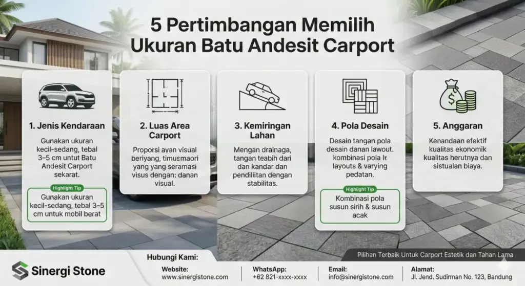Infografis 5 pertimbangan ukuran batu andesit carport
