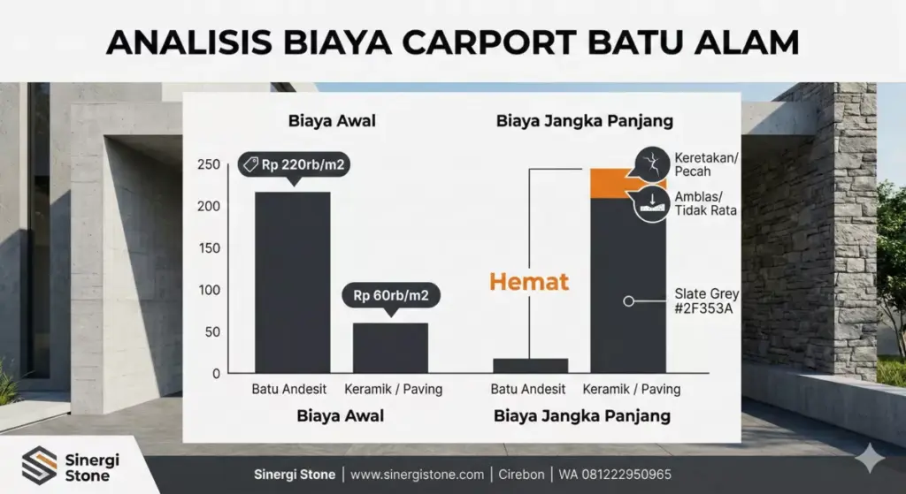 Infografis analisis biaya jangka panjang lantai carport batu alam andesit lebih hemat vs keramik.