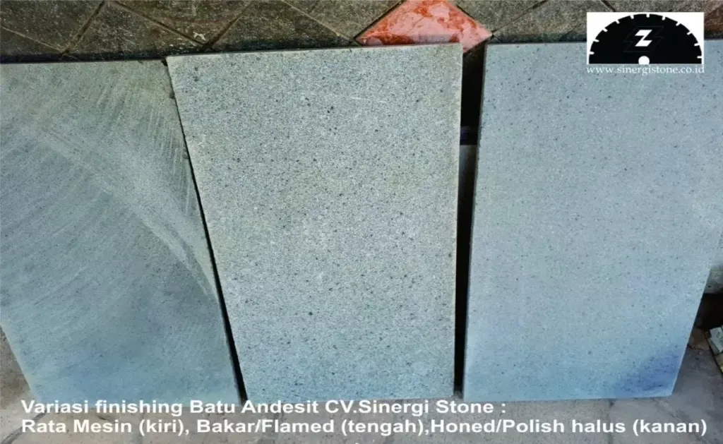 dari kiri: batu andesit finishing rata mesin, bakar, honed