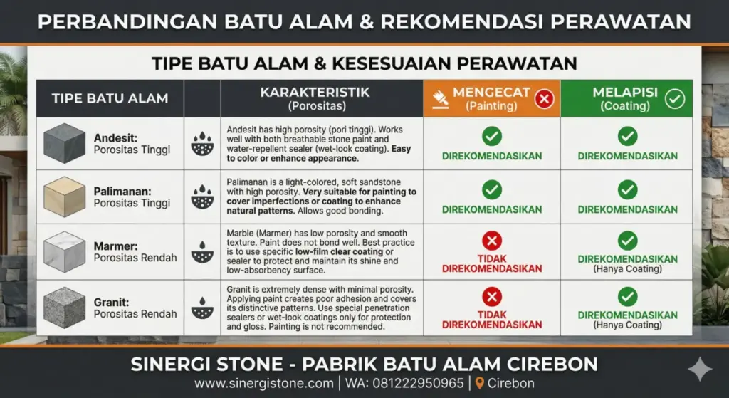 Infografis jenis batu alam dan kesesuaian dicat vs coating