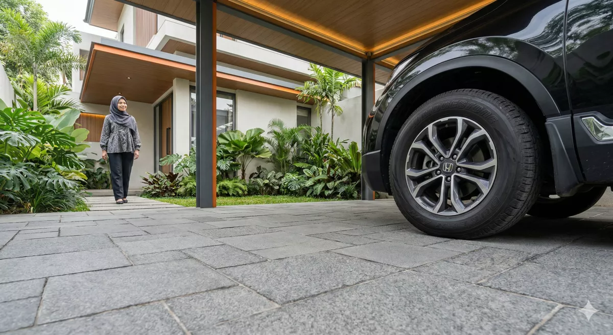Perbandingan lantai carport batu alam andesit kuat anti-slip vs keramik granit di rumah tropis Indonesia.