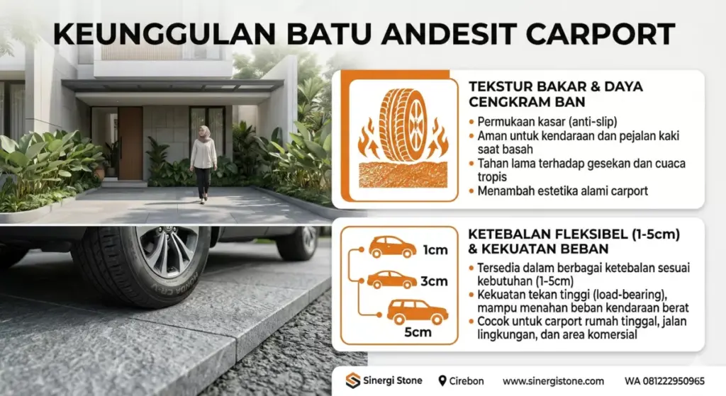 Infografis keunggulan batu andesit flamed anti-slip dan ketebalan fleksibel untuk carport kendaraan berat.