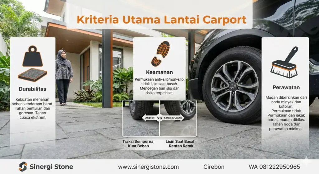 Infografis kriteria utama memilih material lantai carport: durabilitas, anti-slip, perawatan batu alam andesit.