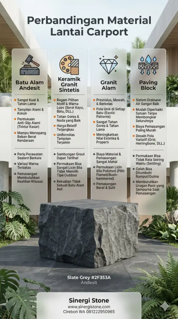 Infografis perbandingan batu alam andesit vs keramik granit paving block untuk material lantai carport.