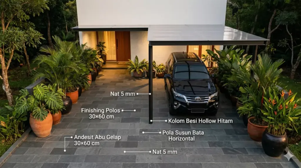 Carport andesit abu gelap 30x60 cm pola susun bata horizontal bergaya minimalis modern dengan kolom besi hollow hitam matte
