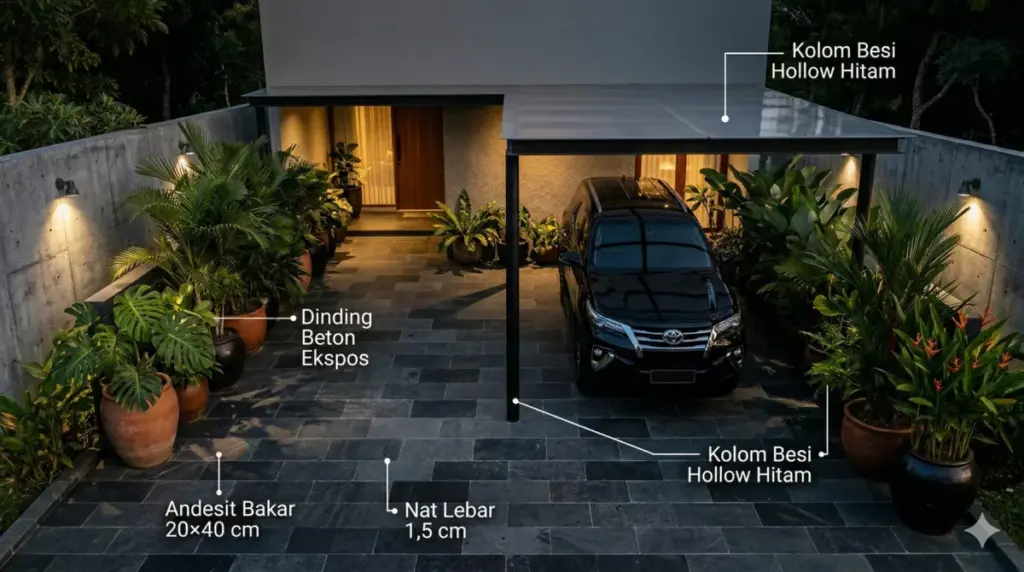 Carport andesit bakar hitam gaya industrial dengan nat lebar, dinding beton ekspos, dan kolom besi hollow hitam