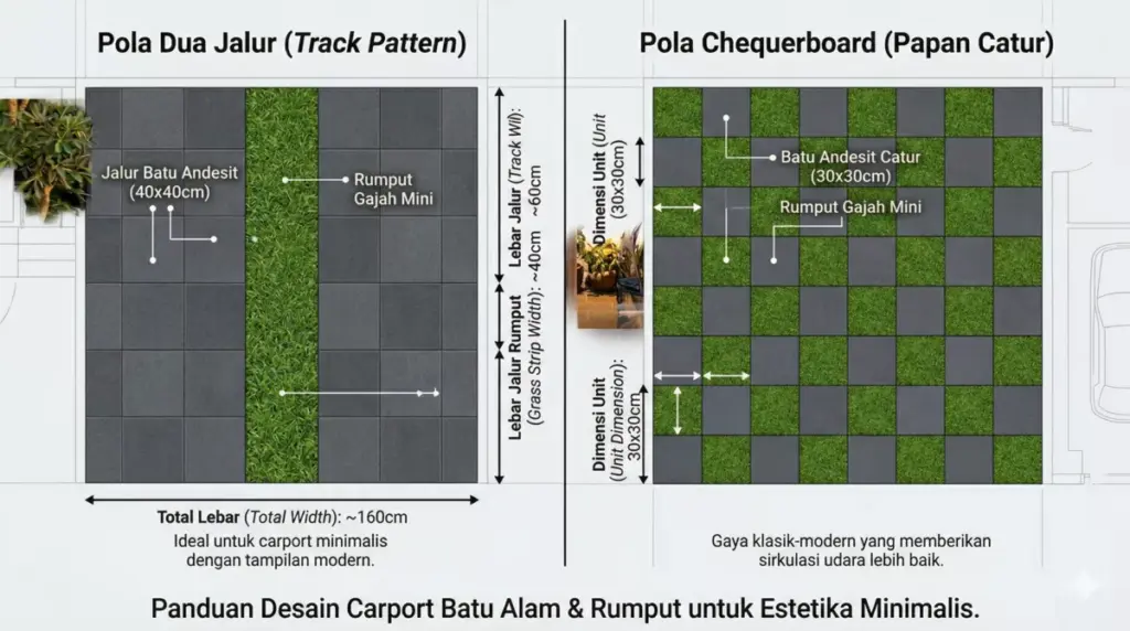 Infografis dua pola carport batu alam dan rumput: pola dua jalur track dan chequerboard papan catur tampak atas