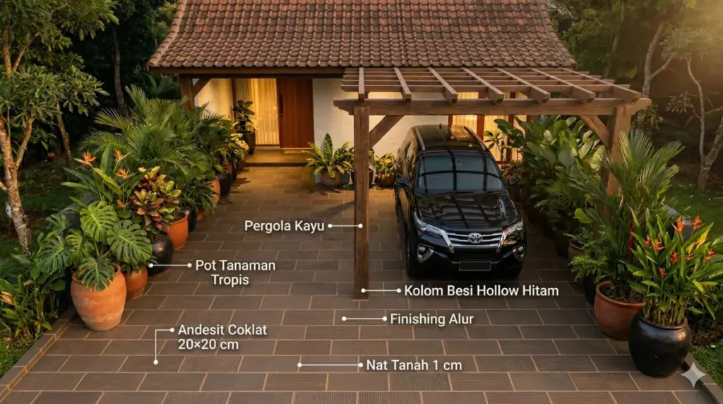 	Carport batu alam natural gaya tropis dengan andesit coklat 20x20 cm finishing alur, pergola kayu, dan tanaman tropis
