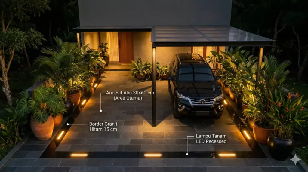 Carport premium andesit abu dengan border granit hitam dan lampu tanam LED malam hari setara hotel butik