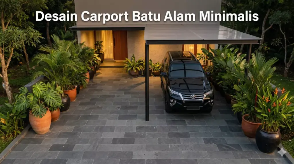 Desain carport batu alam minimalis andesit abu gelap pola susun bata dengan kolom besi hitam dan atap polycarbonate