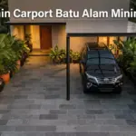Desain carport batu alam minimalis andesit abu gelap pola susun bata dengan kolom besi hitam dan atap polycarbonate