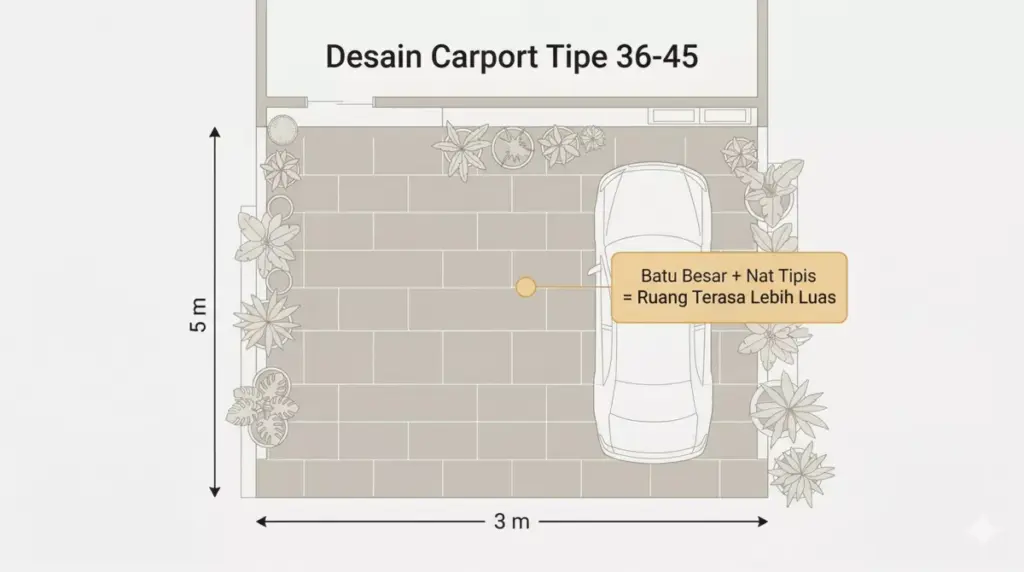 Infografis denah carport batu alam andesit 30x60 cm untuk rumah type 36-45 dengan ilusi visual lebih luas
