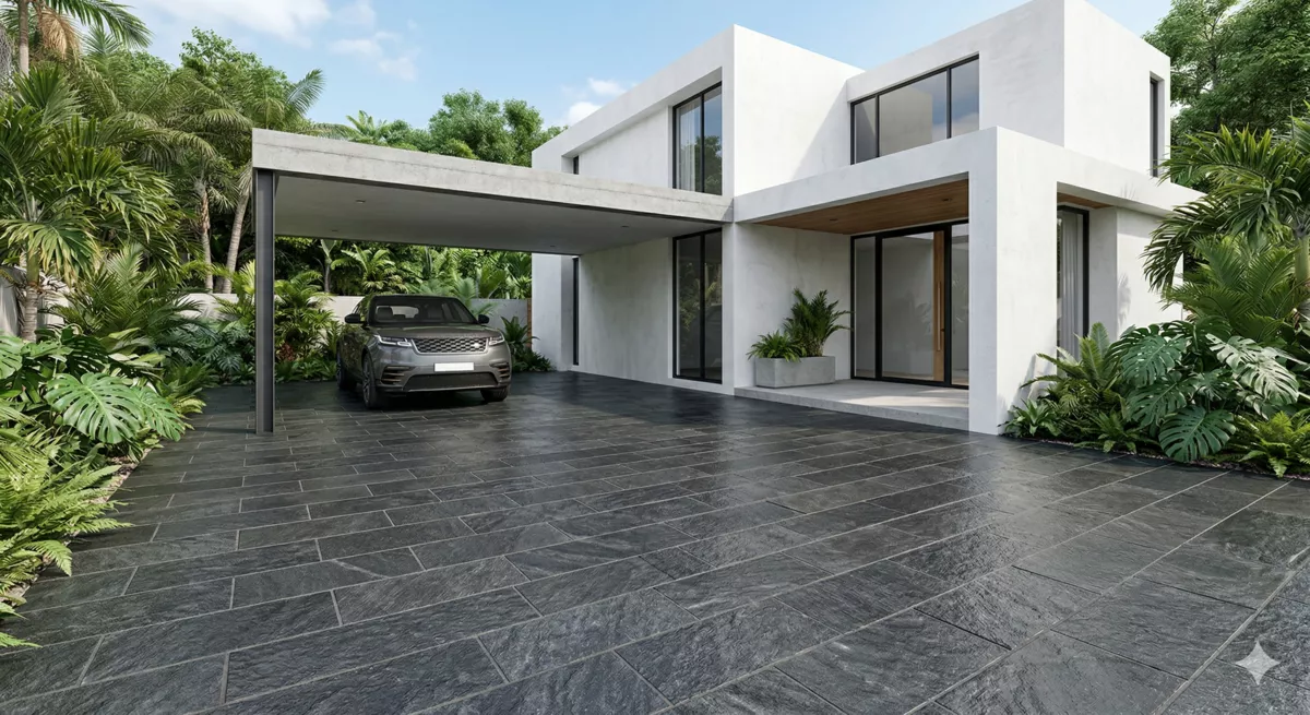 Desain lantai carport batu andesit abu gelap pola horizontal di rumah minimalis modern tropis