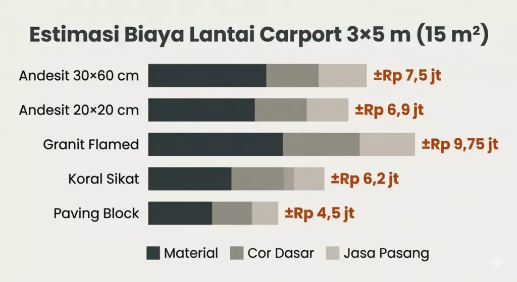Infografis estimasi biaya lantai carport 15 m²: andesit Rp 6,9–7,5 juta, granit Rp 9,75 juta, koral sikat Rp 6,2 juta