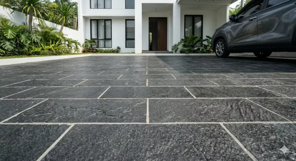 Lantai carport batu andesit 30×60 cm pola susun bata horizontal nat tipis abu di rumah minimalis modern