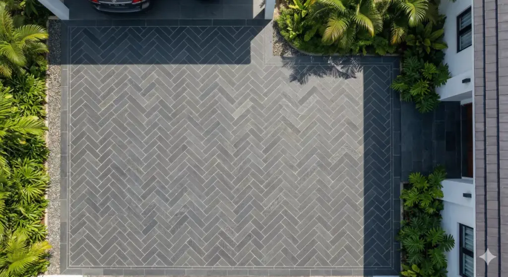 Lantai carport batu andesit pola herringbone 45 derajat tampak atas, elegan dan dekoratif untuk rumah klasik