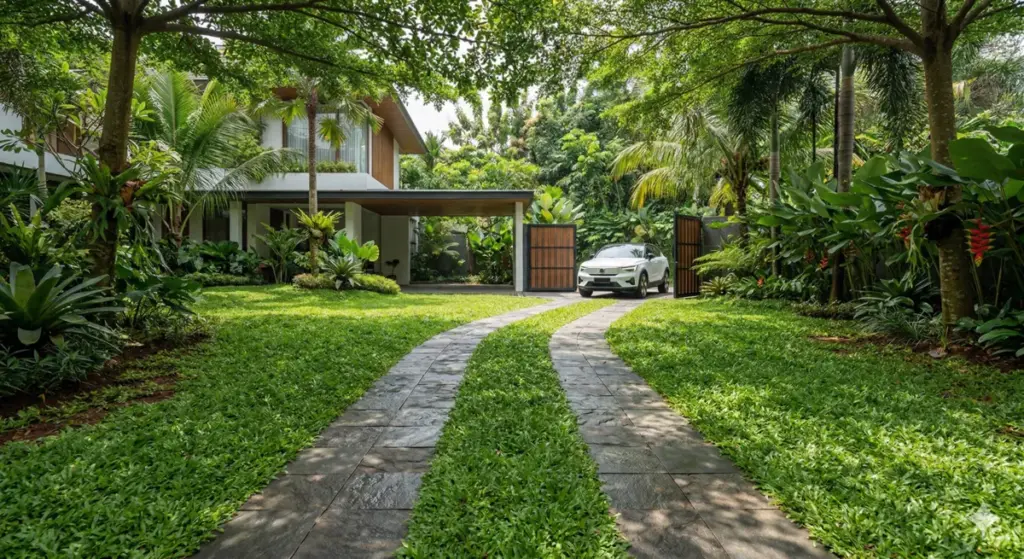 Desain lantai carport dua jalur batu andesit dengan rumput gajah mini di tengah, tampilan tropis segar dan ramah lingkungan