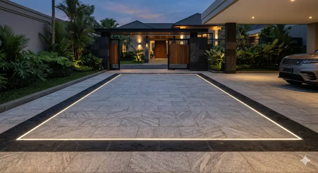Lantai carport granit flamed abu dengan border andesit hitam dan lampu tanam, tampilan premium mewah setara hotel