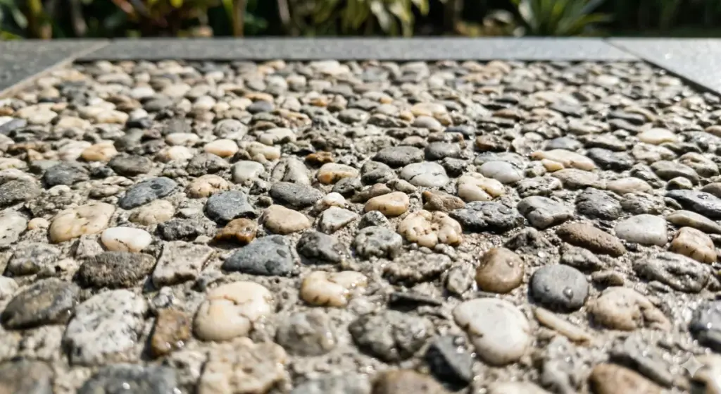 Tekstur lantai carport koral sikat exposed aggregate dengan butiran batu koral alami menonjol, anti-slip tertinggi