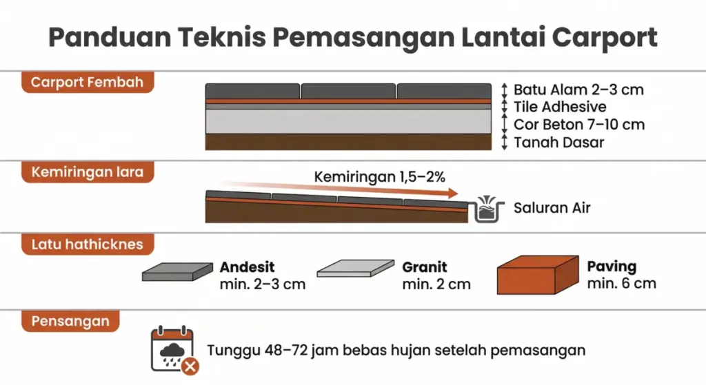 Infografis panduan teknis pemasangan lantai carport: lapisan beton, kemiringan drainase, ketebalan batu, dan waktu curing