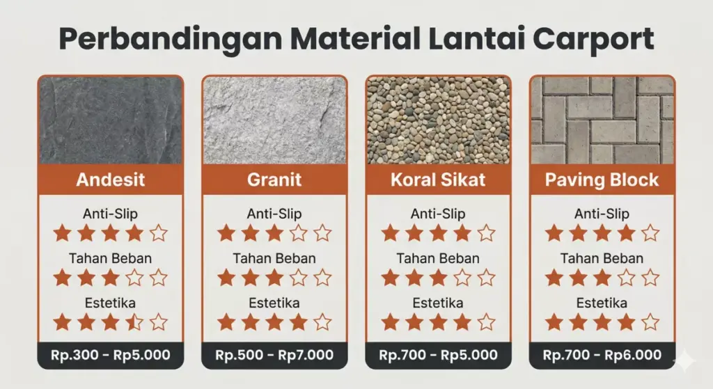 Infografis perbandingan 4 material lantai carport: andesit, granit, koral sikat, paving block berdasar anti-slip dan harga