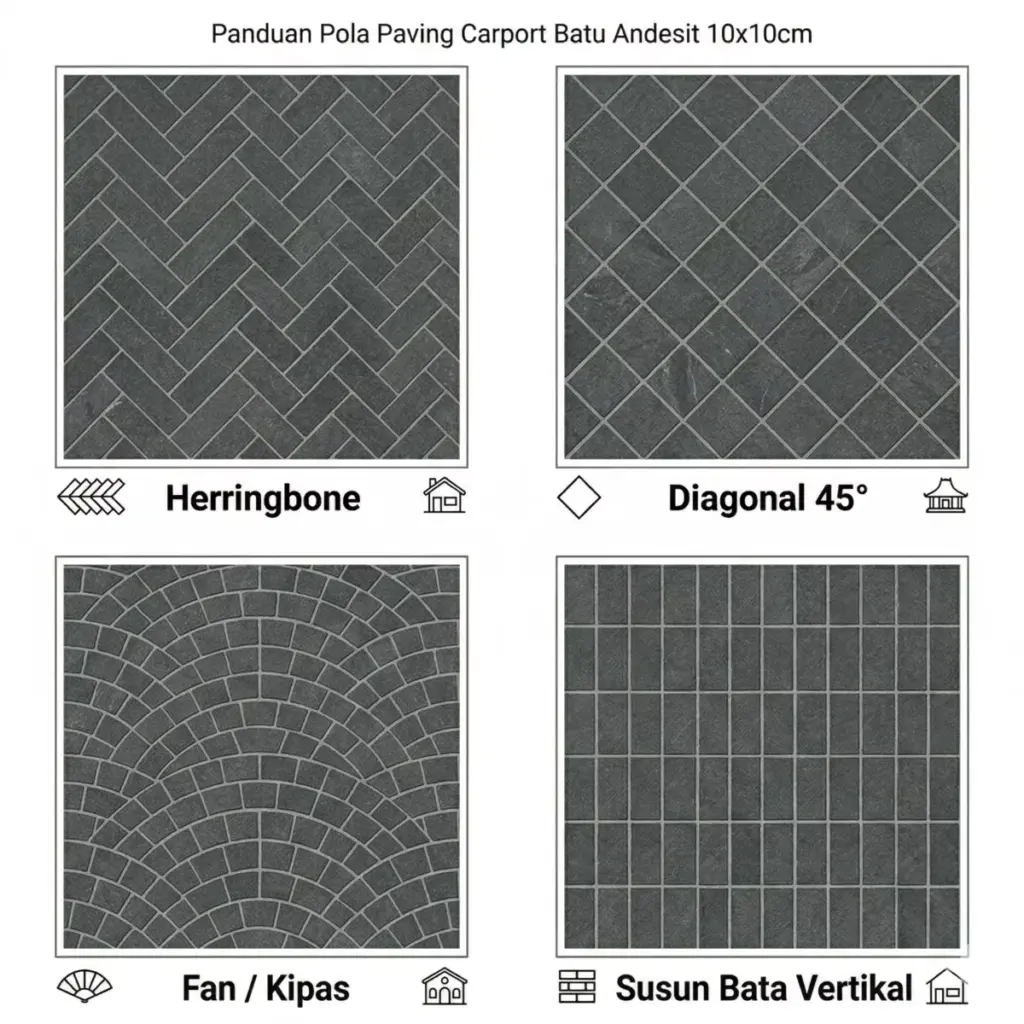  Infografis 4 pola carport andesit 10x10 cm: herringbone, diagonal 45°, fan kipas, dan susun bata vertikal