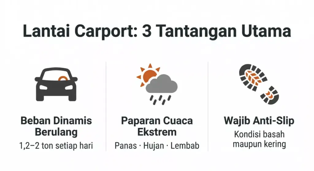 Infografis tiga tantangan utama lantai carport: beban kendaraan, cuaca ekstrem, dan anti-slip