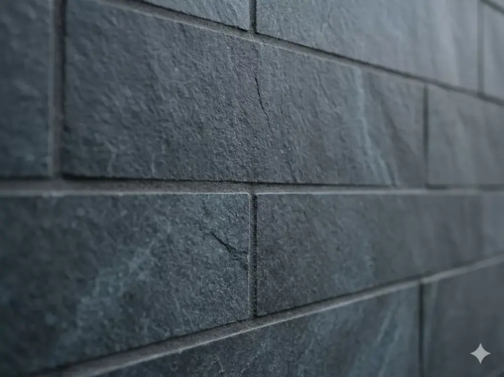 Close-up detail nat sambungan batu andesit dinding carport 20x40 cm rapi dan presisi