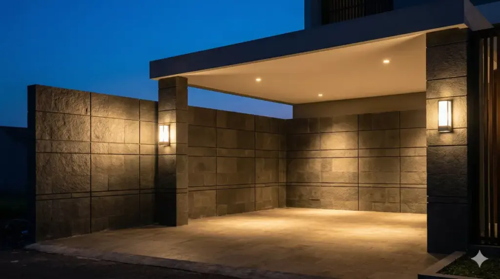 Dinding carport batu andesit malam hari dengan lampu wall light warm white 3000K IP65 pada kolom