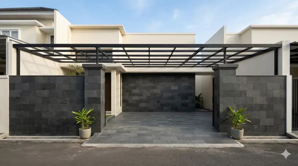 Dinding carport batu andesit 30x60 cm tampak depan rumah minimalis modern Indonesia dengan kolom batu