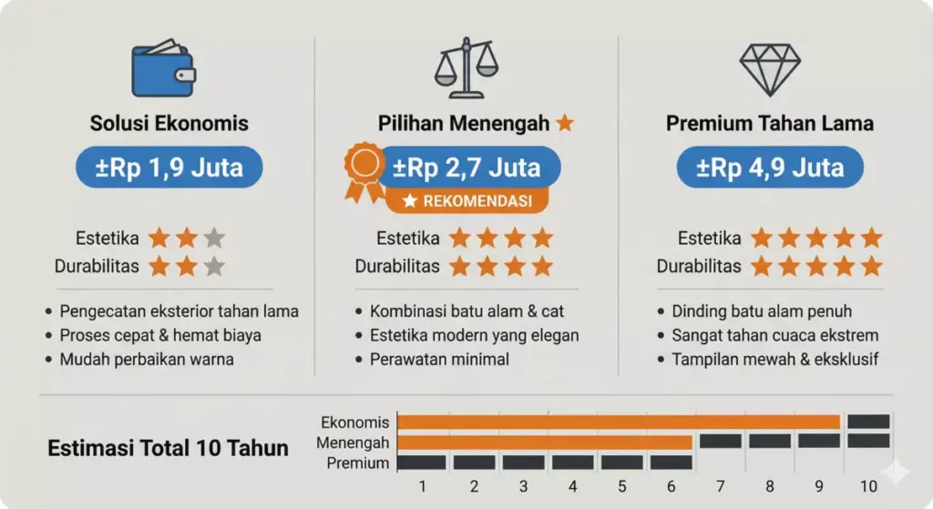 Infografis estimasi biaya dinding carport 3 skenario: cat Rp1,9jt, kombinasi Rp2,7jt, batu alam penuh Rp4,9jt