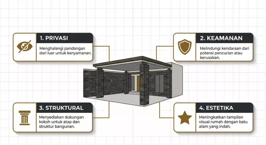 Infografis 4 fungsi dinding carport: privasi, keamanan, struktural, dan estetika rumah