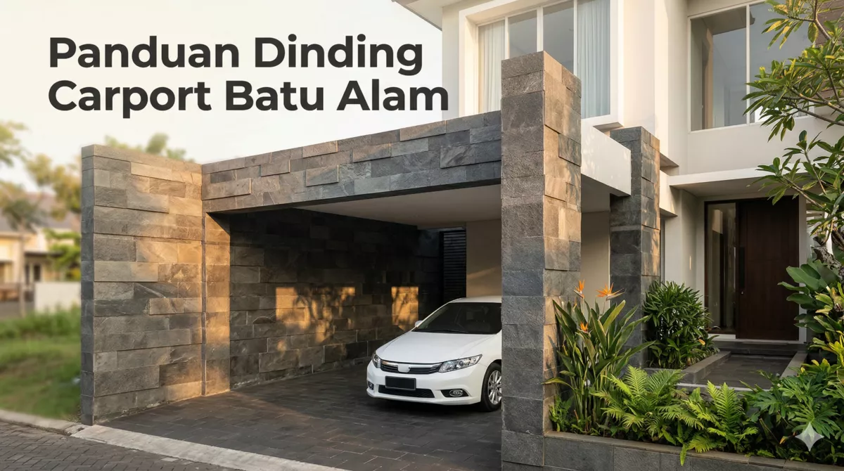 Dinding carport batu andesit abu gelap rumah modern Indonesia tampak dari jalan