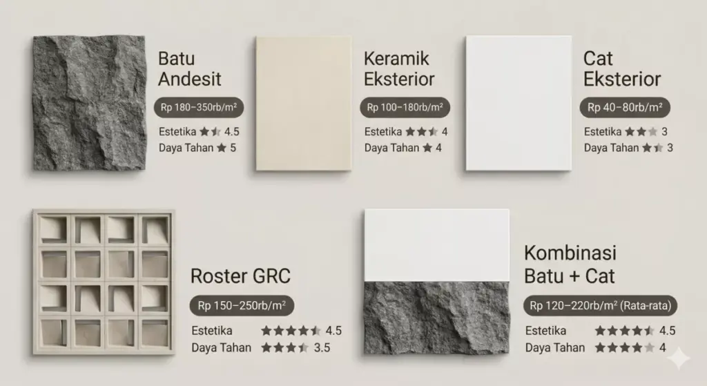 Perbandingan 5 material dinding carport: batu andesit, keramik, cat eksterior, roster GRC, dan kombinasi