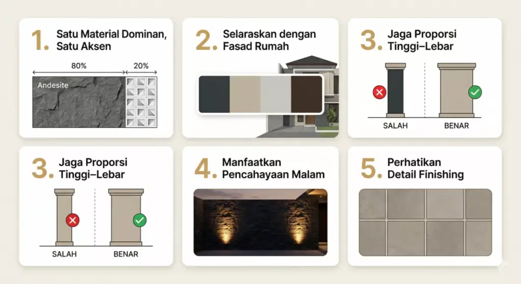 Infografis 5 prinsip desain dinding carport estetik: material dominan, proporsi, dan pencahayaan