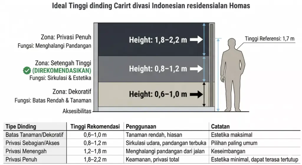 Infografis tinggi ideal dinding carport: privasi penuh 1,8m, setengah tinggi 1,0–1,2m, dekoratif 0,6m