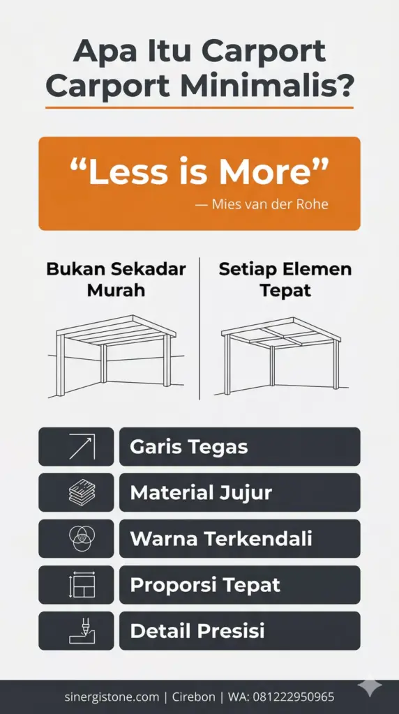 Infografis definisi carport minimalis: 5 prinsip desain tepat — garis tegas, material jujur, warna terkendali, proporsi tepat, detail presisi