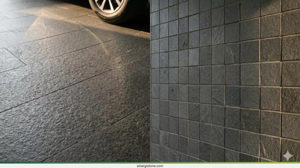 Material lantai batu andesit bakar 30×60 cm dan dinding andesit 10×10 cm untuk carport, pilihan Sinergi Stone