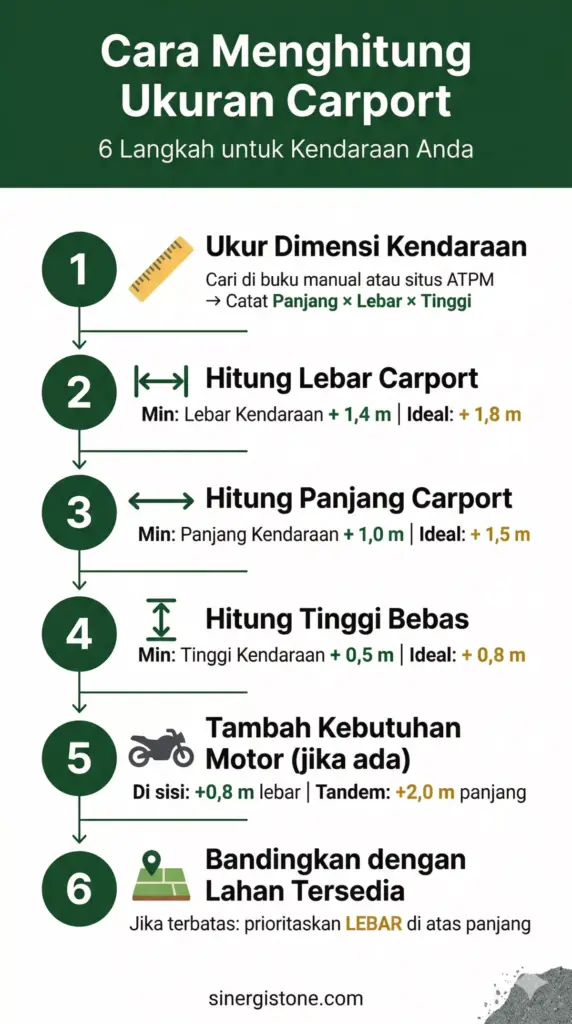 Infografis 6 langkah cara menghitung ukuran carport dari dimensi kendaraan, toleransi lebar, panjang, hingga tinggi