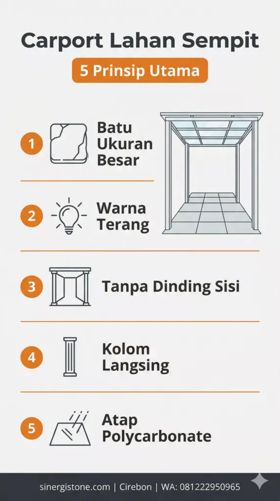 Infografis 5 prinsip carport minimalis untuk lahan sempit: batu besar, warna terang, tanpa dinding sisi, kolom langsing, atap polycarbonate