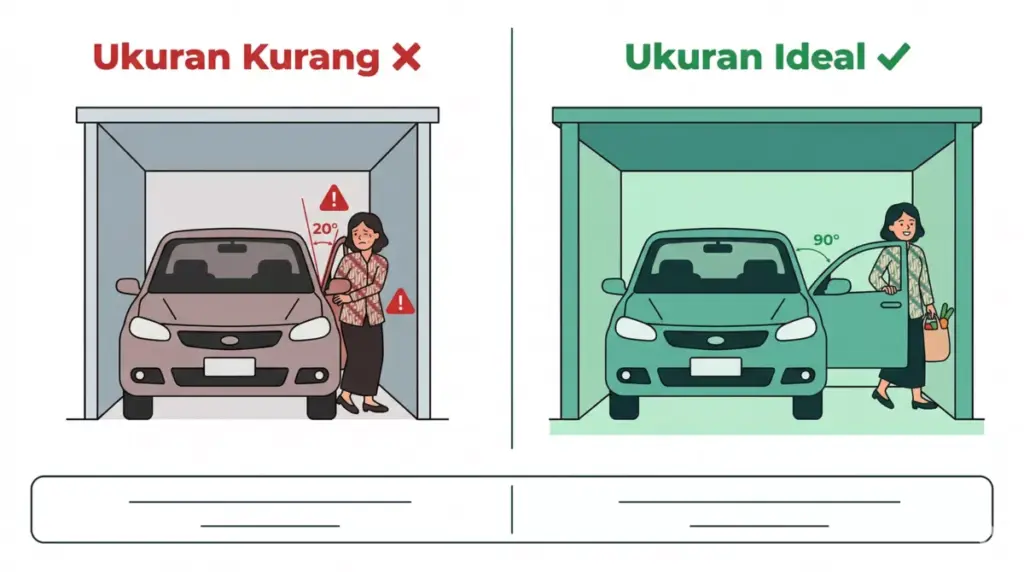 Perbandingan carport terlalu sempit vs ukuran ideal: pintu tidak bisa terbuka penuh versus ruang gerak nyaman