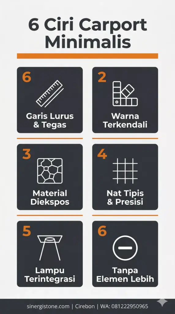 Infografis 6 ciri utama carport minimalis: garis tegas, warna terkendali, material diekspos, nat presisi, lampu terintegrasi, tanpa elemen berlebih