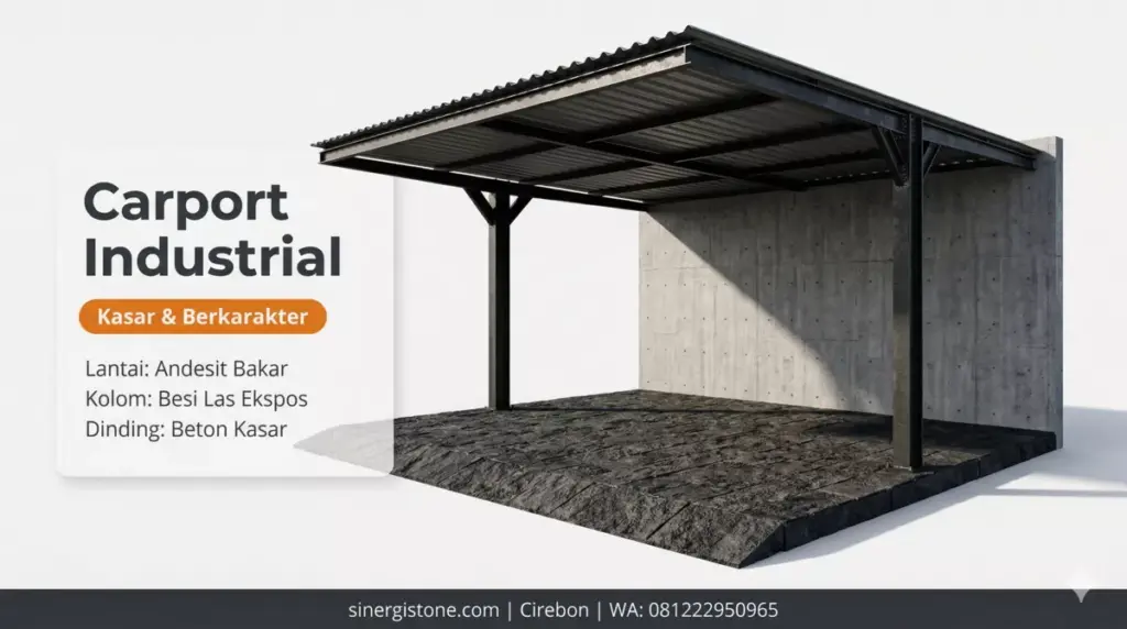 Desain carport minimalis industrial dengan lantai andesit bakar, kolom besi las ekspos, dan dinding beton kasar yang berkarakter kuat
